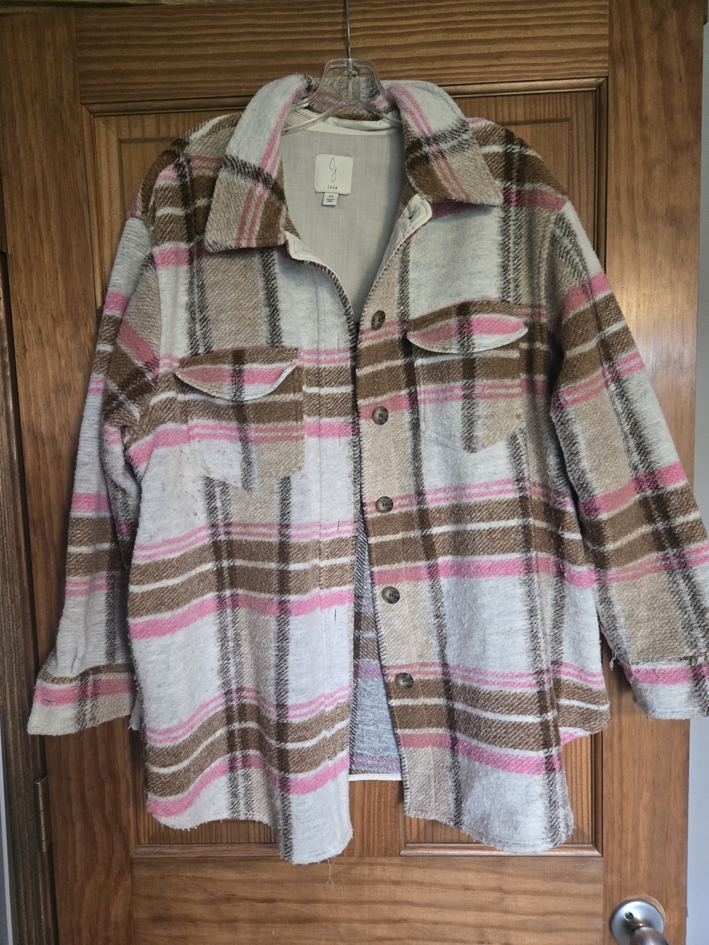 Joie Pink, Brown & Cream Plaid Utility Shacket 2XL